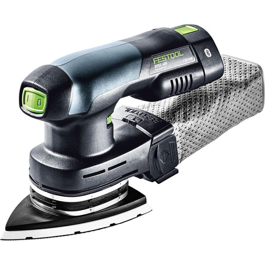 Festool DTSC 400 Akku-Deltaschleifer mit Staubfangbeutel und Schleifschuh auf grauem Untergrund.