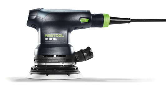 Festool ETS 125 REQ Exzenterschleifer Seitenansicht mit Schleifteller und Drehzahlregler grün
