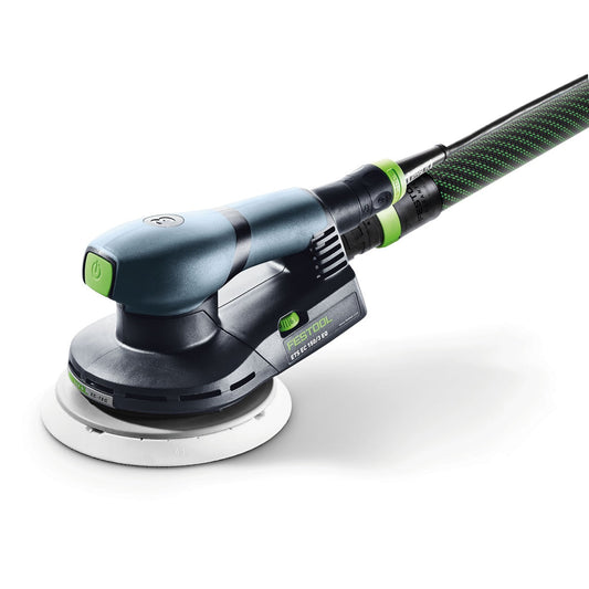 Festool Exzenterschleifer ETS EC 150/3 mit Schleifteller, Absaugschlauch und grünem Stromkabel