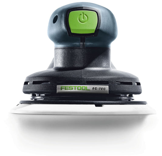 Festool ETS EC 150/5 EQ Exzenterschleifer mit grünem Einschalter und schwarzer Schleifplatte, Frontalansicht.