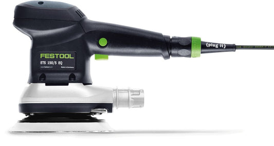 Festool ETS 150/5 EQ Exzenterschleifer mit grünem Plug-it-Netzkabel und Absauganschluss, Seitenansicht