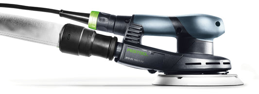 Festool Exzenterschleifer ETS EC 150/3 EQ mit Schleifteller und Absaugschlauch in Seitenansicht