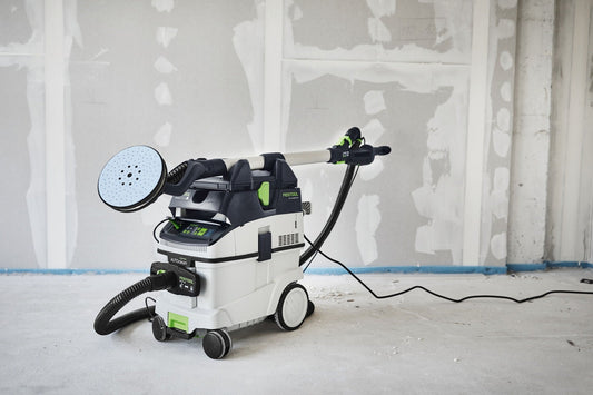 Festool Absauganlage mit Langhalsschleifer PLANEX und Saugschlauch D 36x3,5 auf Baustelle