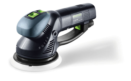 Festool ROTEX RO 150 FEQ-Plus Getriebe-Exzenterschleifer mit 150 mm Schleifteller in Seitenansicht.