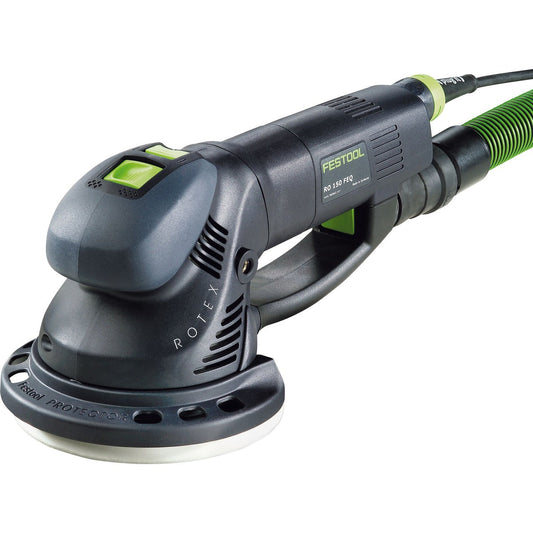 Festool ROTEX RO 150 FEQ-SYS GR Getriebe-Exzenterschleifer mit Absaugschlauch und grünem Tragegriff.