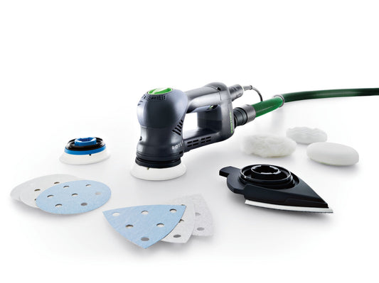 Festool ROTEX RO 90 DX Schleifer mit Schleiftellern, Deltaschuh und Poliertellern als Lieferumfang.