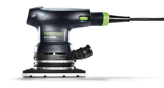 Festool RTS 400 REQ Einhand-Rutscher Schleifer mit grünem Absaugstutzen und rechteckigem Schleifschuh, Seitenansicht.