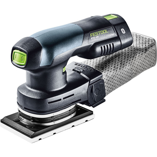 Festool Akku-Rutscher RTSC 400 mit Schleifschuh auf Schleifmittel, Akkupack und Netzadapter