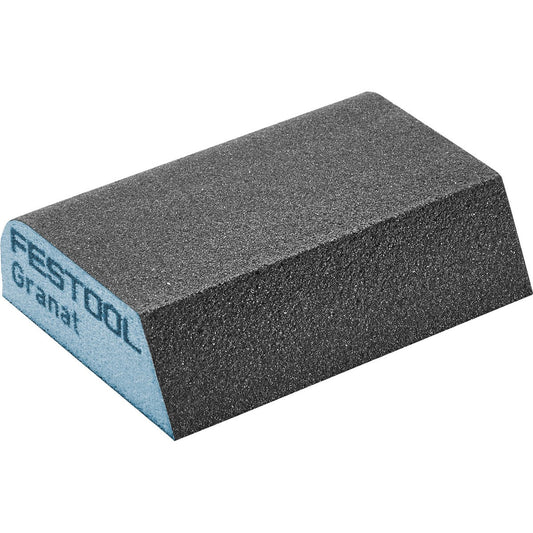Festool Handschleifblock Granat mit grauer Körnung und blauem Etikett, Ansicht des formstabilen Schleifblocks.