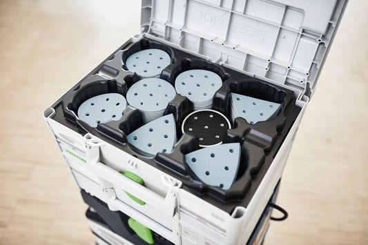 Festool Systainer³ SYS-STF-D77/D90/93V geöffnet mit sortierten Schleifmitteln in 8 Fächern
