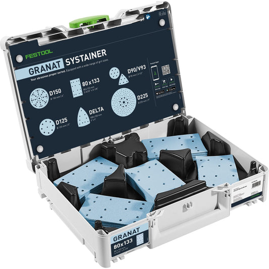 Festool Schleifmittel-Systainer³ Granat 80x133 GR SYS mit sortierten Schleifstreifen in fünf Körnungen, geöffnet