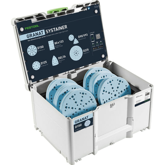 Festool Granat Schleifmittel-Systainer³ mit 120 Schleifscheiben D150 in Körnung 60-220, geöffnet mit Inhaltsübersicht.