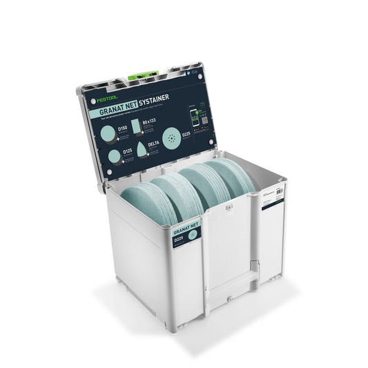 Festool Granat Net Systainer³ D225 mit 100 Netzschleifscheiben in vier Körnungen, geöffnet mit Schleifmitteln