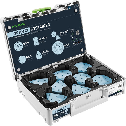 Festool Granat Systainer³ mit Schleifscheiben D90 und Delta V93 Schleifmittel sortiert nach Körnung.