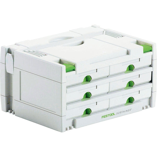 Festool SORTAINER SYS 3-SORT/6 Schubladensystem mit 6 ausziehbaren Schubladen und grünen Verschlüssen
