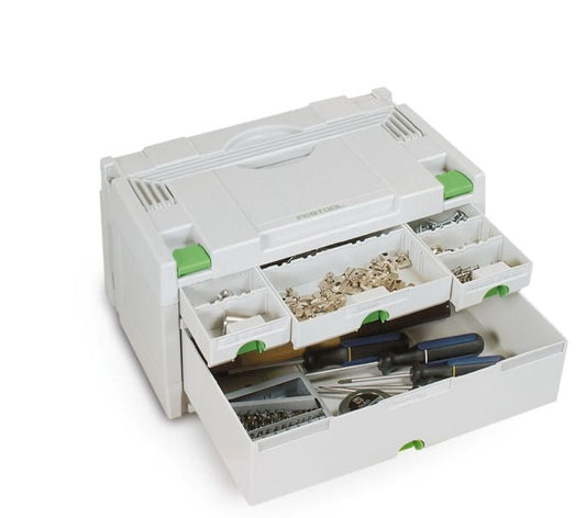 Festool SORTAINER SYS 3-SORT/4 mit 4 geöffneten Schubladen zur Aufbewahrung von Schrauben, Dübeln und Zubehör