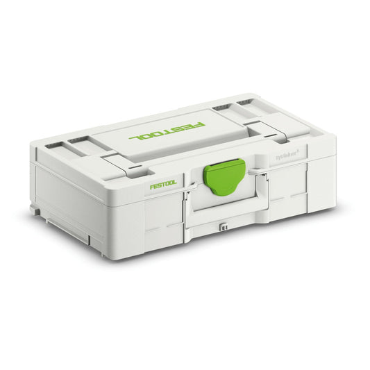 Festool Systainer³ SYS3 L 137 Transportbox weiß mit grünem T-LOC Verschluss, Ansicht von oben schräg