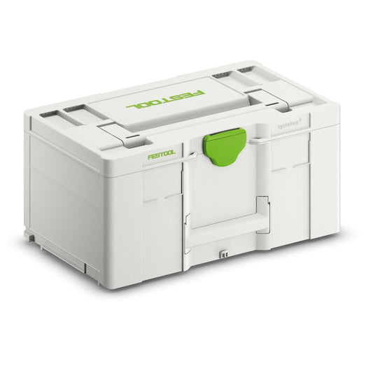 Festool Systainer³ SYS3 L 237 Kunststoffbox weiß mit grünem T-LOC Verschluss und Tragegriff, Ansicht von schräg oben