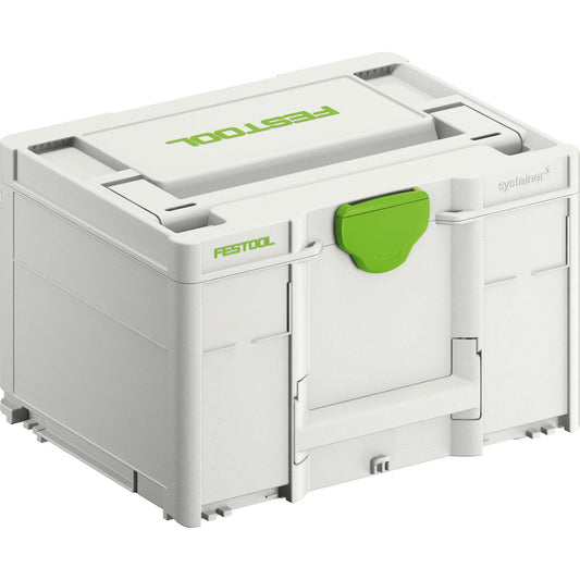 Festool Systainer³ SYS3 M 237 Kunststoffkoffer weiß mit grünem T-LOC Verschluss, perspektivische Ansicht