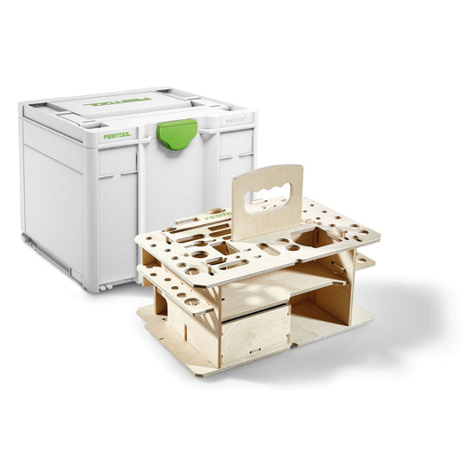 Festool Systainer³ SYS3 HWZ M 337 mit ausgeklapptem Holzeinsatz für Handwerkzeuge und geschlossenem Kunststoffkoffer