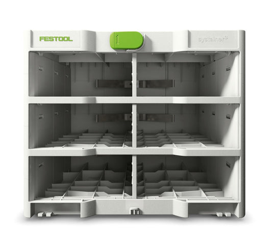 Festool Systainer³ Rack SYS3-RK/6 M 337 Regalmodul mit 6 Aufnahmen für Mini-Systainer, vier Ebenen mit grünem Hebel.