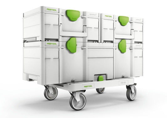 Festool Systainer³ SYS3 XXL 337 Lagersystem mit gekoppelten Behältern und grünen Griffen auf Rollbrett
