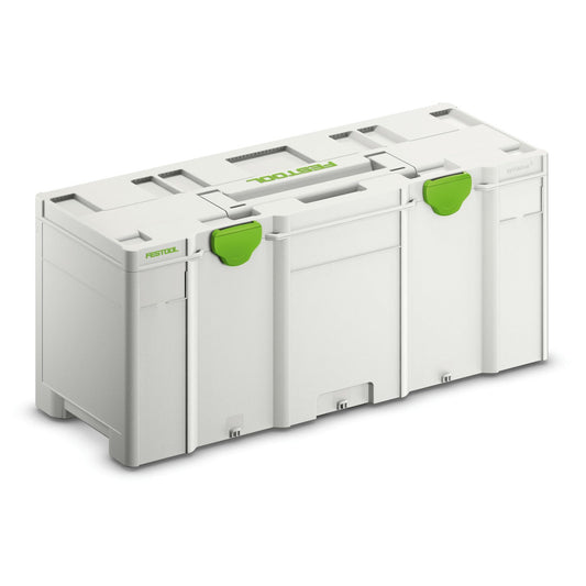 Festool Systainer³ SYS3 XXL 337 mit grünen Verschlüssen, gekoppelt, Frontansicht des 64,2-Liter-Lagersystems