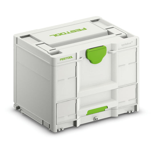Festool Systainer³ SYS3-COMBI M 287 mit Frontschublade, Trennstegen und grünem Verriegelungsgriff, Ansicht von vorne.