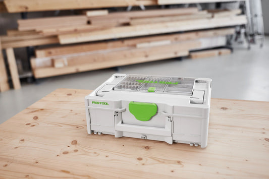 Festool Bitkassette BKS SYS3 50mm CE mit CENTROTEC-Bits auf Holzwerkbank