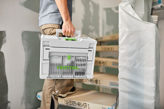 Festool Bohrerkassette BKS SYS3 D3-10 HSS CE mit 6 Metallbohrern, tragbar in der Hand auf der Baustelle