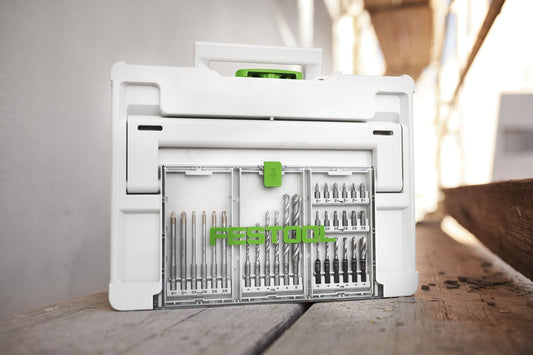 Festool Bohrerkassette BKS SYS3 D4-10 CE/S mit Steinbohrern und Bits in geöffneter Deckelfachkassette
