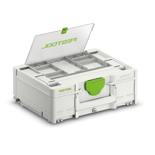 Festool Systainer³ SYS3 DF M 137 geöffnet mit Deckelfach und variablen Trennstegen für Zubehör
