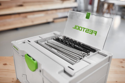 Festool Systainer³ SYS3 DF M 187 geöffnet mit Bohrer- und Bitkassetten in transparentem Deckelfach
