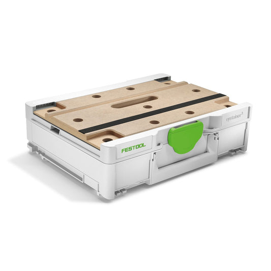Festool Systainer³ SYS3-MFT M 112 Werkbank mit MDF-Lochplatte und grünem Deckel, mobile Multifunktionstische