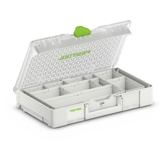 Festool Systainer³ Organizer SYS3 ORG L 89 mit transparentem Deckel und 10 Einsatzboxen geöffnet