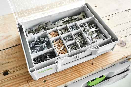 Festool Systainer³ Organizer SYS3 ORG L 89 mit 10 Einsatzboxen gefüllt mit Kleinteilen, Schrauben und Dübeln