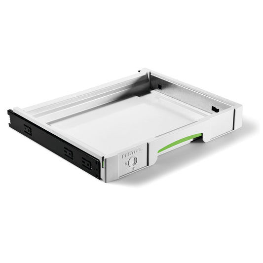Festool Auszug SYS-AZ Schublade mit Vollauszug, weißer Tablarboden und grünem Griff