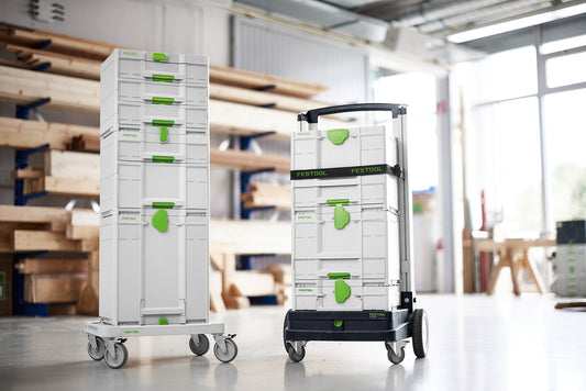 Festool Rollbrett SYS-RB mit Systainern und Transportbox, mobiler Transport mit Lenkrollen.