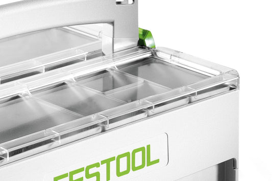 Festool SYS-SB Einsatzboxen geöffnet mit vier Fächern zur Aufbewahrung von Kleinteilen
