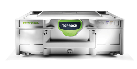 Festool TOPROCK SYS3 Bluetooth Lautsprecher mit grünem Deckel und Bedienelemente frontal