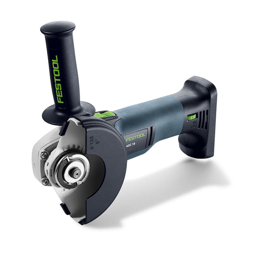 Festool Akku-Winkelschleifer AGC 18-125 EB-Basic mit Schleifteller, Handgriff und Schutzhaube in Seitenansicht.
