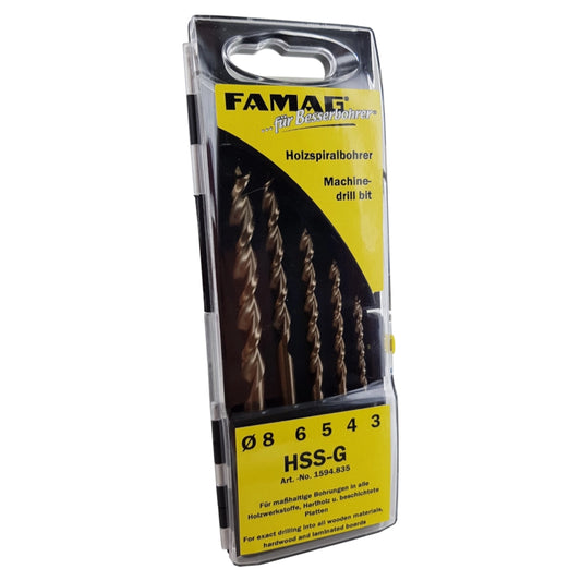 FAMAG Holzspiralbohrersatz in Kunststoffbox 5-teilig Ø 8, 6, 5, 4, 3 mm