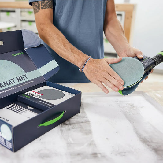 Festool Schleifgitter Granat Net Set mit Schleifer und Anwendungsbeispiel
