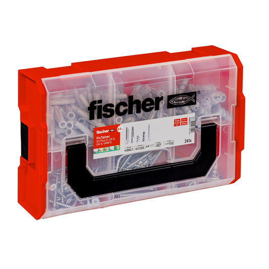 fischer FixTainer 241-tlg. – geschlossene Box mit Klicksystem und Inhalt sichtbar