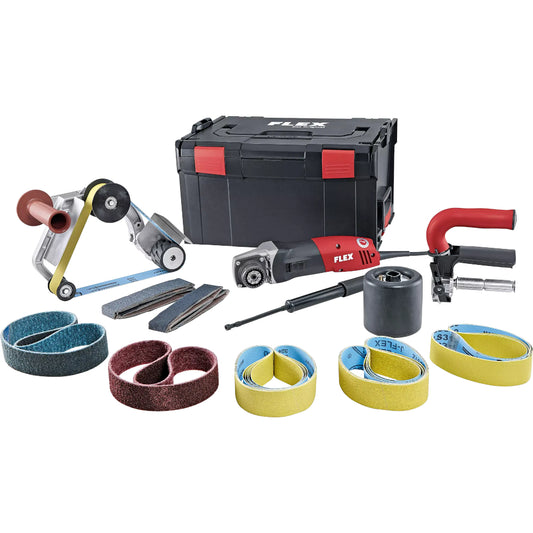FLEX Satiniermaschine und Rohrbandschleifer BSE 14-3 INOX Set, Gesamtansicht des Zubehörs inkl. Transportkoffer L-Boxx