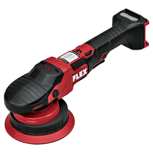 FLEX XFE 2 15 18-EC Akku-Exzenterpoliermaschine mit rotem Schleifteller und schwarzem Softgrip-Griff, Hauptansicht.