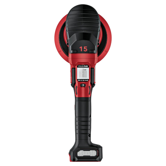 FLEX XFE 2 15 18-EC Akku-Exzenterpoliermaschine mit rotem Getriebekopf, Drehzahlwahlrad und schwarzem Handgriff