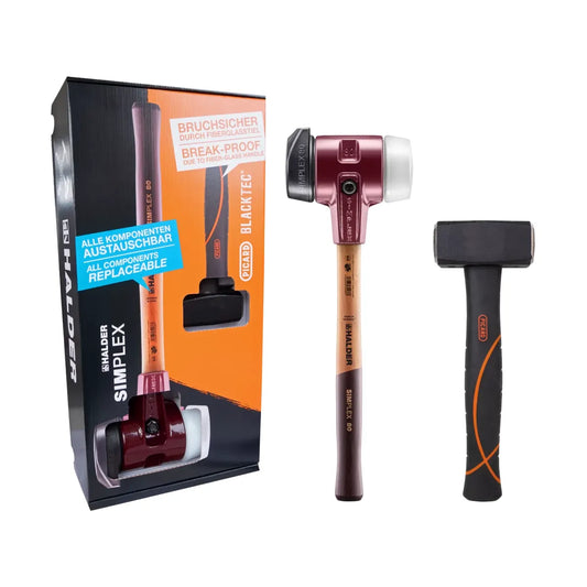 HALDER Aktionsbox Dreamteam Bau mit SIMPLEX-Schonhammer und PICARD Fäustel BlackTec, Lieferumfang und Einzelwerkzeuge.
