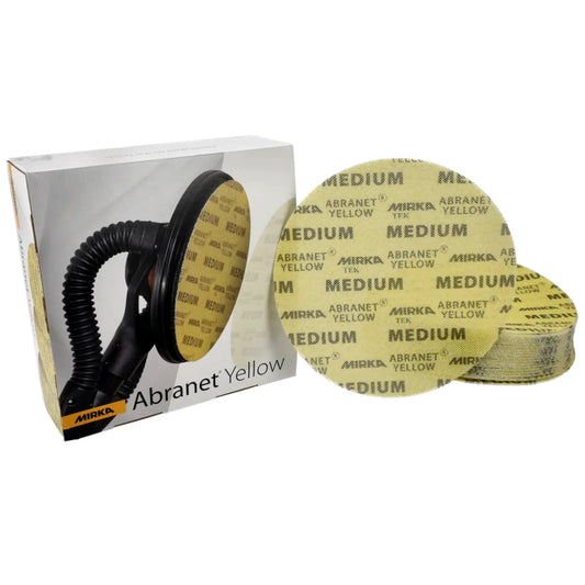Mirka Abranet Yellow Schleifgitterscheiben Ø 225 mm, Körnung medium neben Verpackung