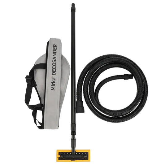 Mirka DecoSander Schleifset 80x230 mm mit Absaugschlauch, Tragerucksack und Handblock – staubarmes Schleifen für Wand- und Deckenflächen im Innenausbau.